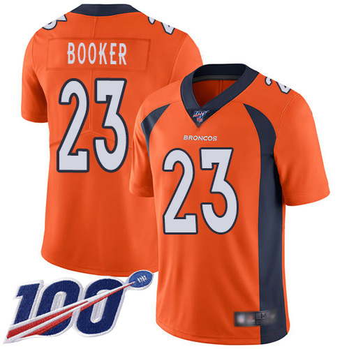 Men Denver Broncos #23 Devontae Booker Orange Team Color Vapor Untouchable Limited Player 100th Season Football NFL Jersey